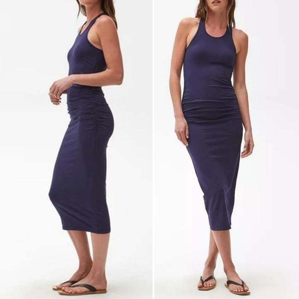 NWT Michael Stars Navy Ruched Midi Tank Dress Sz Large Racerback Cotton USA Made